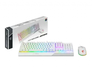 MSI VIGOR GK30 COMBO WHITE MEMchanical Gaming Keyboard + Gaming Mouse Bundle 'UK Layout, 6 zonų RGB apšvietimo klaviatūra, dviejų zonų RGB apšvietimo pelė, 5000 DPI optinis jutiklis, centrinė', USB, mechaninė, QWERTY, RGB LED, balta, pelė pridedama