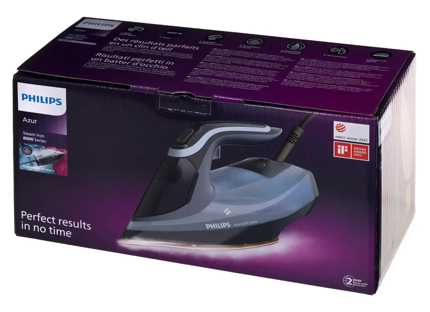 "Philips" DST8020/20, garų lygintuvas, "SteamGlide Elite" padas, 2,5 m, 240 g/min, mėlynas, 55 g/min