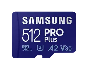 Samsung PRO Plus, 512 GB, MicroSDXC, Class 10, UHS-I, 160 MB/s, 120 MB/s