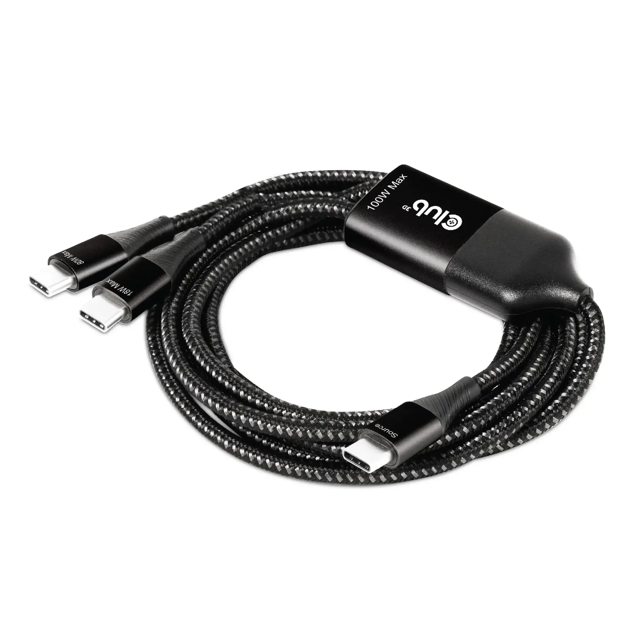 CLUB3D USB Type-C, Y charging cable to 2x USB Type-C max. 100W, 1.83m/6ft M/M, 1.83 m, USB C, USB C, Black