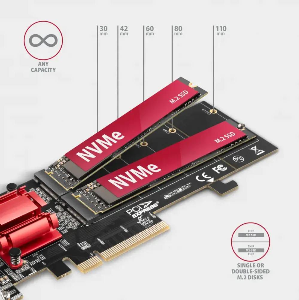 "Axagon PCEM2-ND PCIE 2X NVME M.2 KONTROLERISPCI-Express x8 vidinis valdiklis, skirtas dviem NVMe M.2 SSD diskams prijungti prie kompiuterio. Palaiko pagrindines plokštes be PCIe padalijimo.