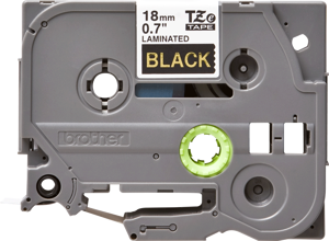 Brother laminuota juosta 18 mm, aukso spalvos, juoda, TZe, terminis perkėlimas, Brother, PT-2430PC, PT-2700, PT-2730, PT-9600, PT-9700PC, PT-9800PCN, 1,8 cm