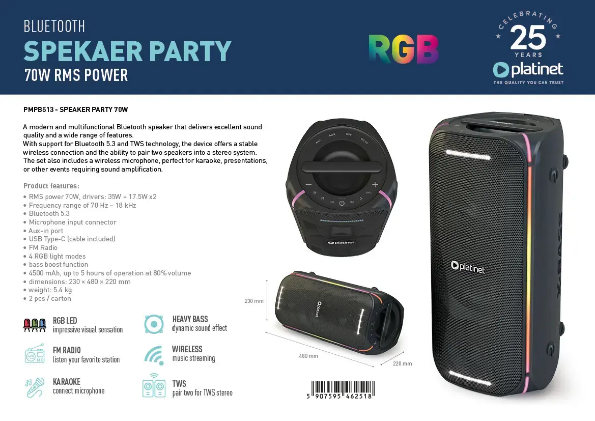 Platinet wireless speaker Boombox Party 70W (46251)