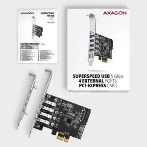 "Axagon PCI-Express" plokštė su keturiais išoriniais USB 3.2 Gen1 prievadais ir dvigubu maitinimu. "Renesas" mikroschemų rinkinys. Standartinė ir žemo profilio.