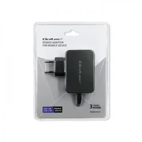 QOLTEC 51024 Įkroviklis 65W / 5-20V / 3-3,25A / C tipo USB / PD / juodas