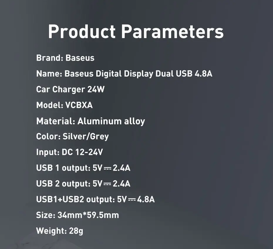 Baseus Digital Display Dual USB 4.8A Car Charger 24W + 3in1 USB - UBS Type C | micro USB | Lightning 1,2m cable black (TZCCBX-0G)