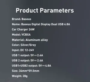 Baseus Digital Display Dual USB 4.8A Car Charger 24W + 3in1 USB - UBS Type C | micro USB | Lightning 1,2m cable black (TZCCBX-0G)