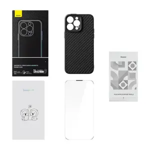 "Baseus Synthetic Fiber Series" magnetinis dėklas "iPhone 14 Pro" (juodas) + grūdintas stiklas + va…
