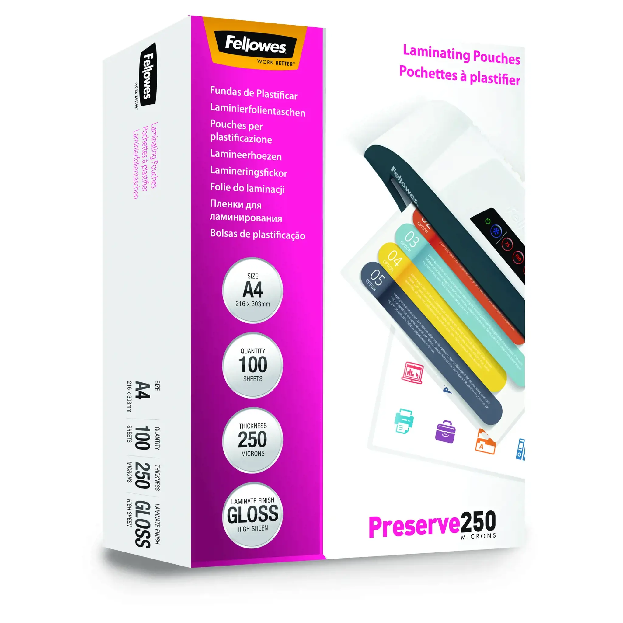 "Fellowes" A4 blizgus 250 mikronų laminavimo maišelis - 100 pakuočių, permatomas, blizgus, A4, 0,25 mm, 210 mm, 1 mm