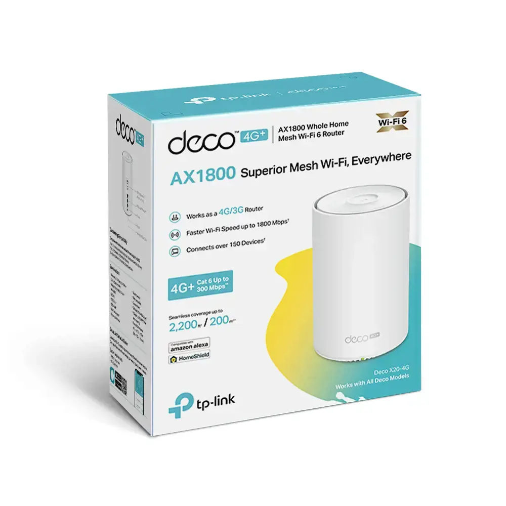 TP-Link 4G+ AX1800 Whole Home Mesh WiFi 6 Gateway, White, Internal, Power, CE: ≤20 dBm (2.4GHz), ≤23 dBm (5GHz), 0 - 40 °C, -40 - 60 °C