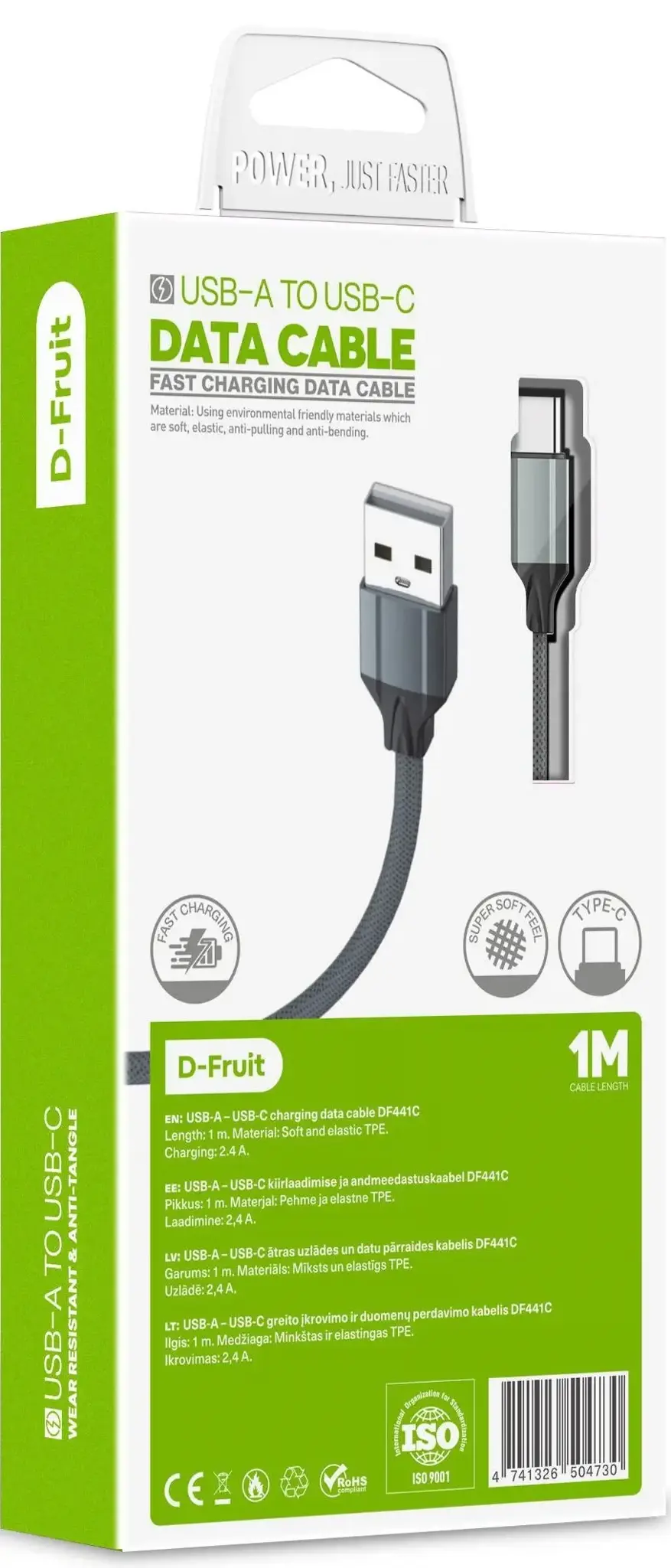 "D-Fruit" kabelis USB-A - USB-C 1 m, pilkos spalvos (DF441C)