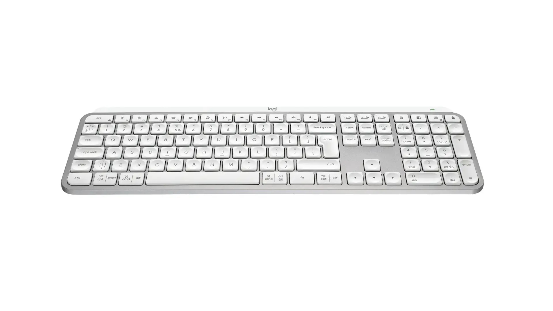 "Logitech MX Keys S", pilno dydžio (100 %), RF belaidis + "Bluetooth", žirklinis klavišų jungiklis, QWERTY, LED, aliuminis, baltas