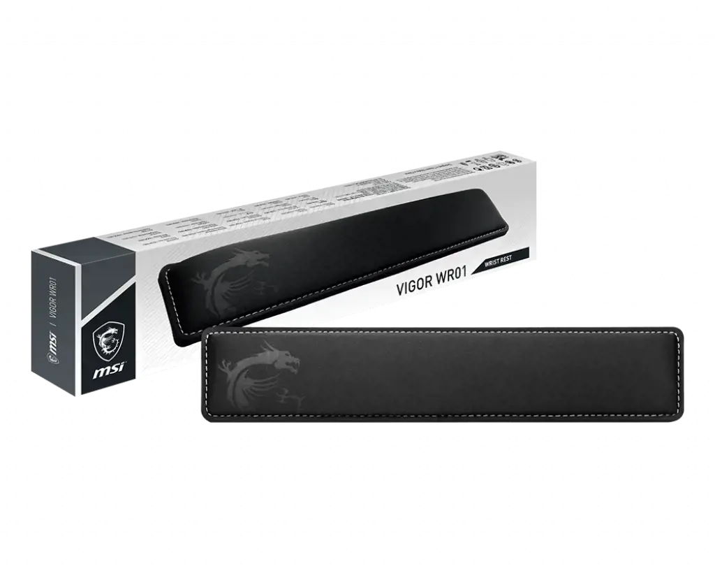 MSI VIGOR WR01 Klaviatūros riešo atrama "Juoda, su ikoniniu drakono dizainu, vėsios atminties putos su gelio įdaru, neslystantis guminis pagrindas, pasvirusi forma, VIGOR serijos klaviatūros priedas, suderinama su dauguma žaidimų klaviatūrų", atminties putos, guma, juoda, 432 x 86 x 25 mm, 300 g, 360 g