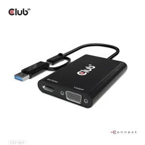 CLUB3D USB Gen1 Type-C/-A to Dual HDMI (4K/30Hz) / VGA (1080/60Hz), 0.22 m, USB Type-C, HDMI + VGA …