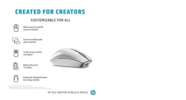 HP 930 Creator belaidė pelė, dešinioji, "Bluetooth", 3000 DPI, sidabrinė