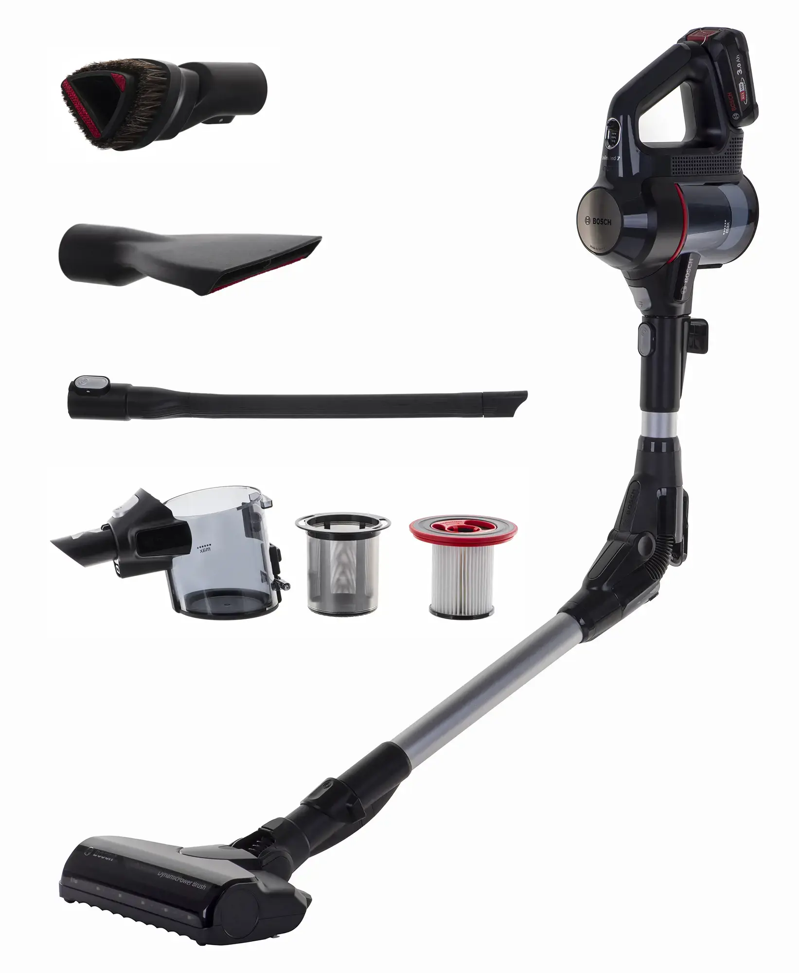 "Bosch" BBS712A, Be maišelio, Juodas, Nerūdijantis plienas, 0,3 l, Sausas, Plikos grindys, Kilimas, Kietos grindys, Laiptų pakopos, Minkštimas, Akumuliatoriaus lygis