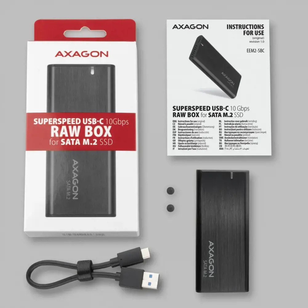 AXAGON EEM2-SBC, M.2 SATA be varžtų RAW dėžutė, juoda, SuperSpeed USB-C 10 Gbps