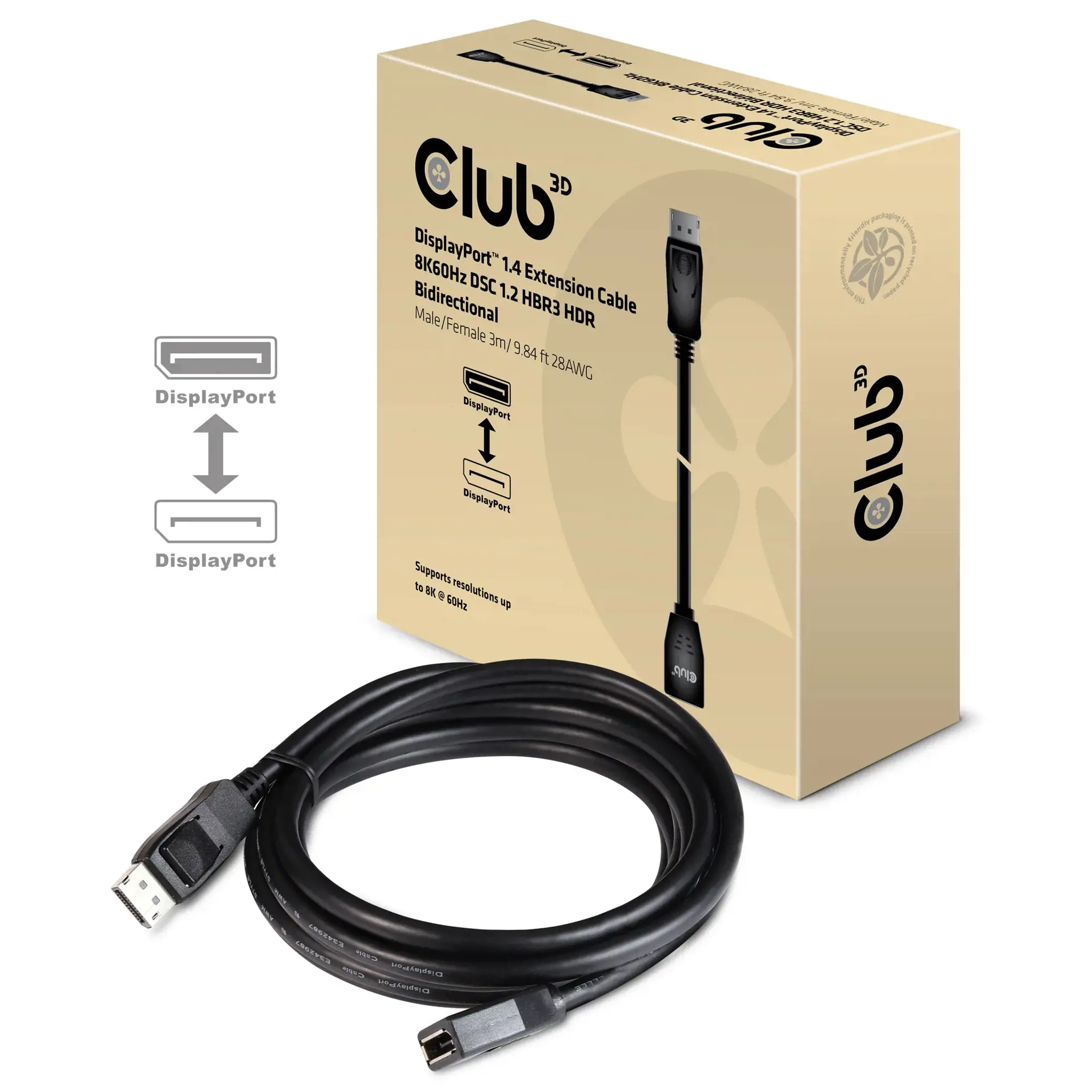 CLUB3D DisplayPort 1.4 Extension Cable 8K60Hz DSC 1.2 HBR3 HDR Bidirectional M/F 3m/9.84ft, 3 m, DisplayPort, DisplayPort, Male, Female, 7680 x 4320 pixels