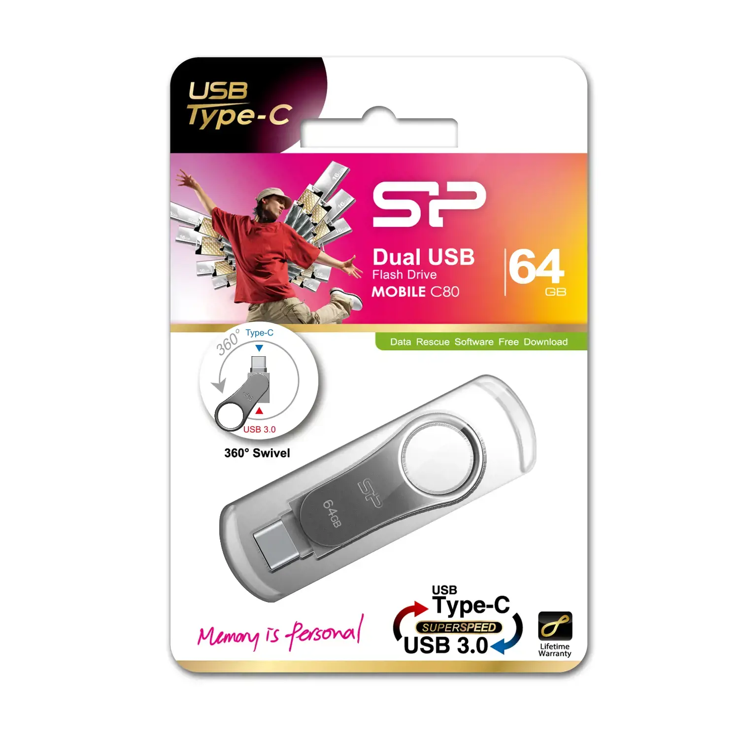 "Silicon Power Mobile C80", 64 GB, A tipo USB / C tipo USB, 3.2 Gen 1 (3.1 Gen 1), be dangtelio, 8 g, titano spalvos
