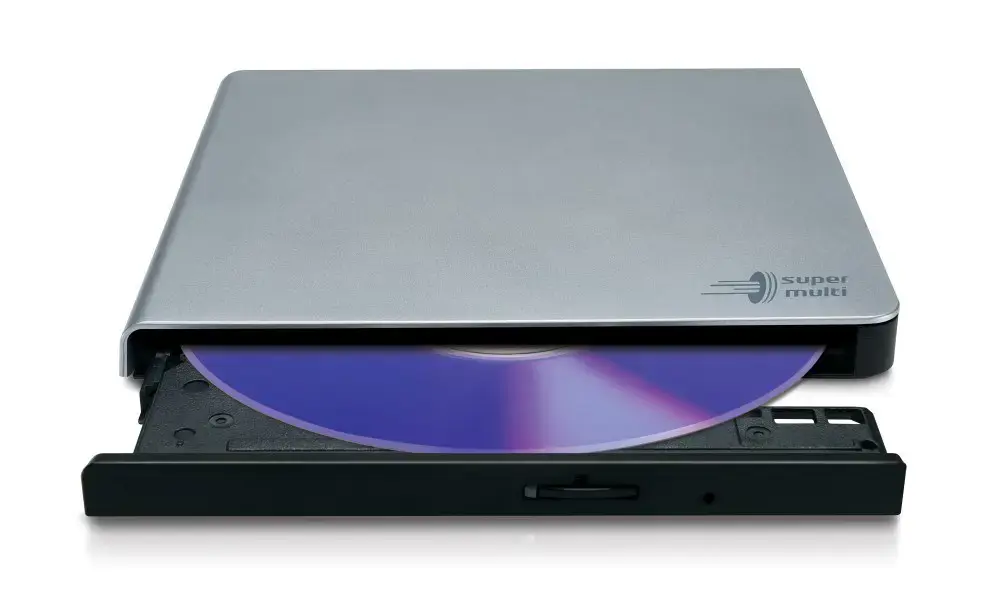 "Hitachi-LG Slim" nešiojamasis DVD įrašymo įrenginys, sidabrinės spalvos, dėklas, stalinis/nešiojamasis kompiuteris, DVD±RW, USB 2.0, 60000 h