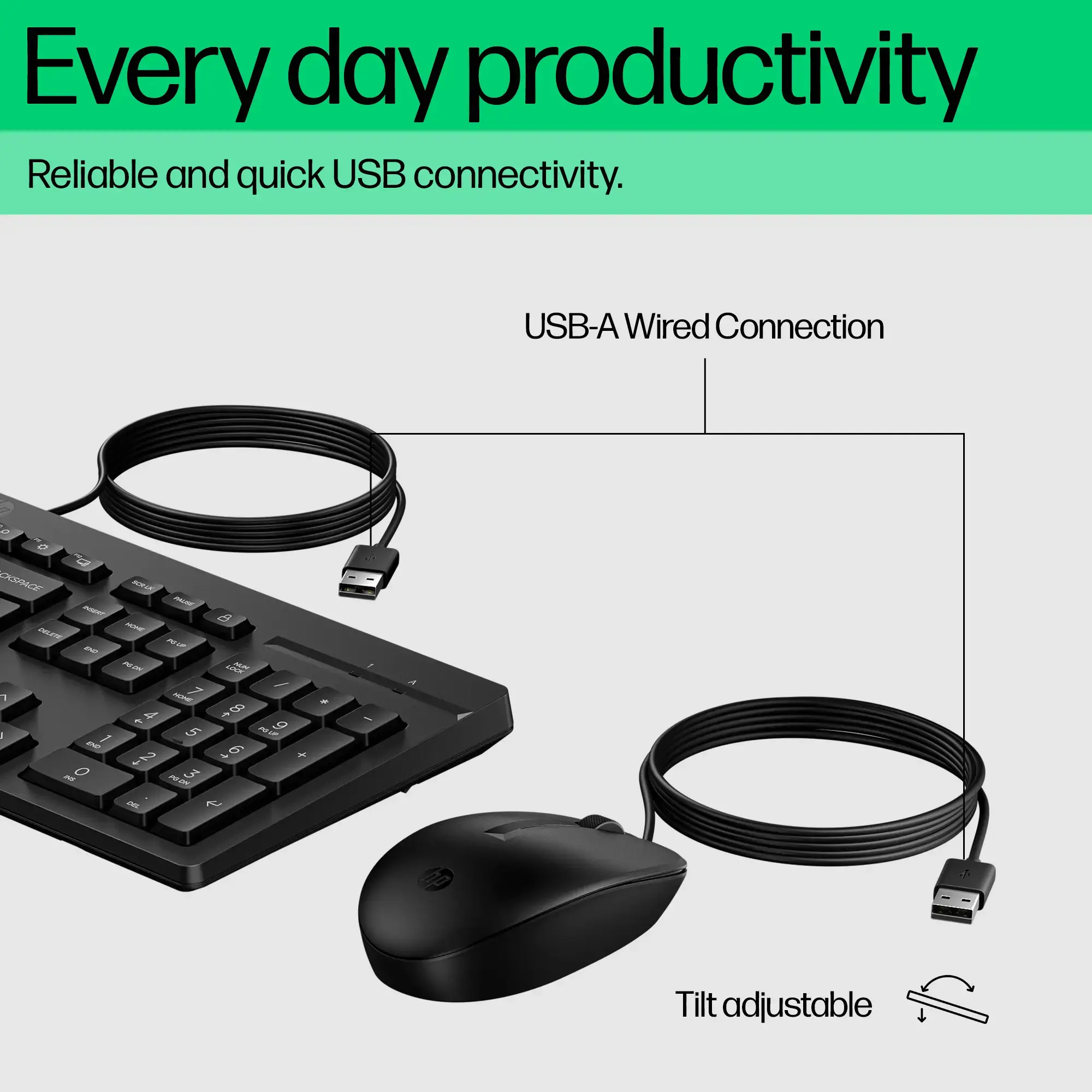 HP 225 G2 USB Wired Mouse Keyboard Combo, Copilot Key, spill resistant - Black - US ENG