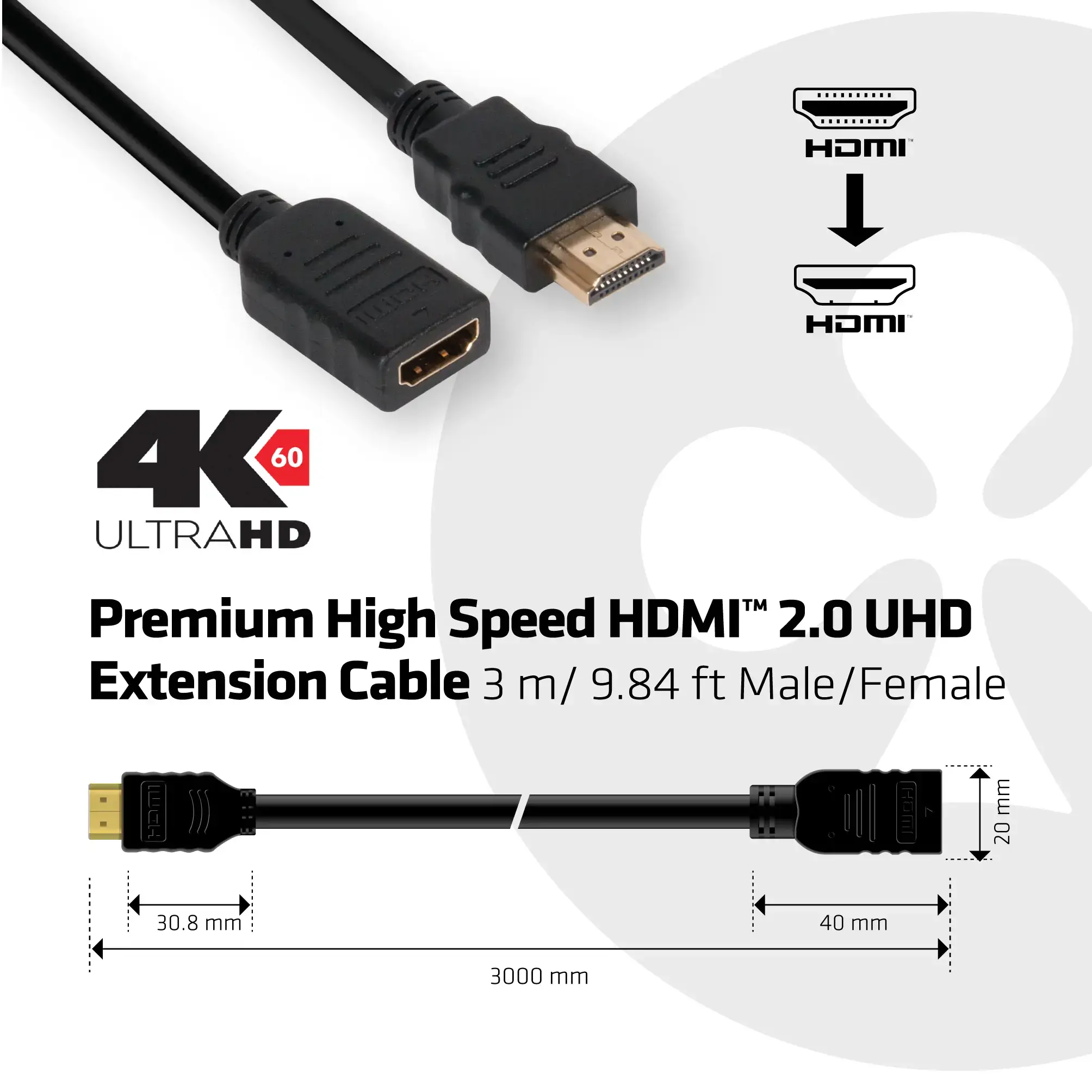 CLUB 3D CAC-1321 HDMI2.0 EXTENSION CABLE 3METER M/F