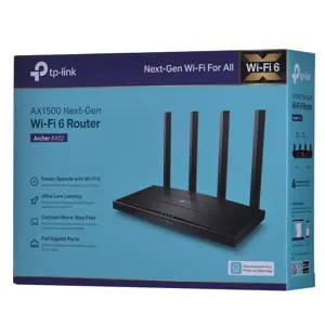TP-Link Archer AX1500 Wi-Fi 6 maršrutizatorius, "Wi-Fi 6" (802.11ax), trijų dažnių (2,4 GHz / 5 GHz / 5 GHz), Ethernet LAN, juodas, stalinis maršrutizatorius