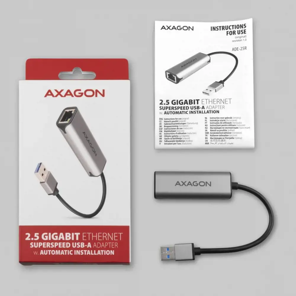 Axagon ADE-25R SUPERSPEED USB-A 2.5 GIGABIT ETHERNETKompaktiškas aliuminio USB-A 3.2 Gen 1 2.5 Gigabit Ethernet 10/100/1000/2500 Mbps adapteris su automatiniu diegimu.