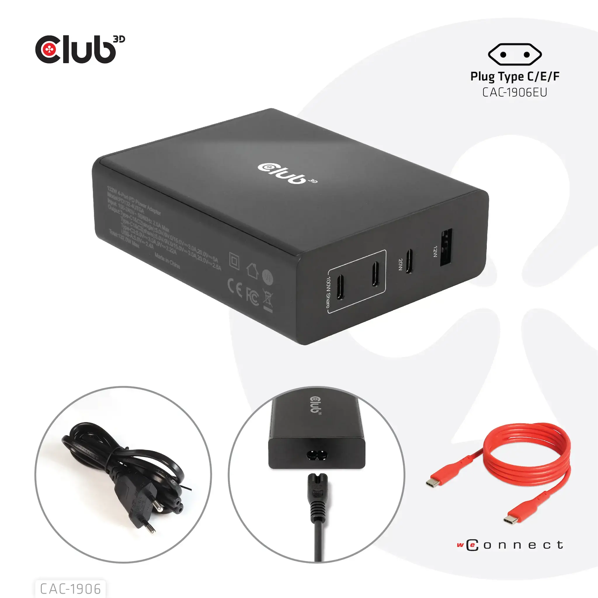 CLUB3D Travel Charger 132W GAN technology, Four port USB Type-A and -C, Power Delivery(PD) 3.0 Support, Indoor, DC, Black