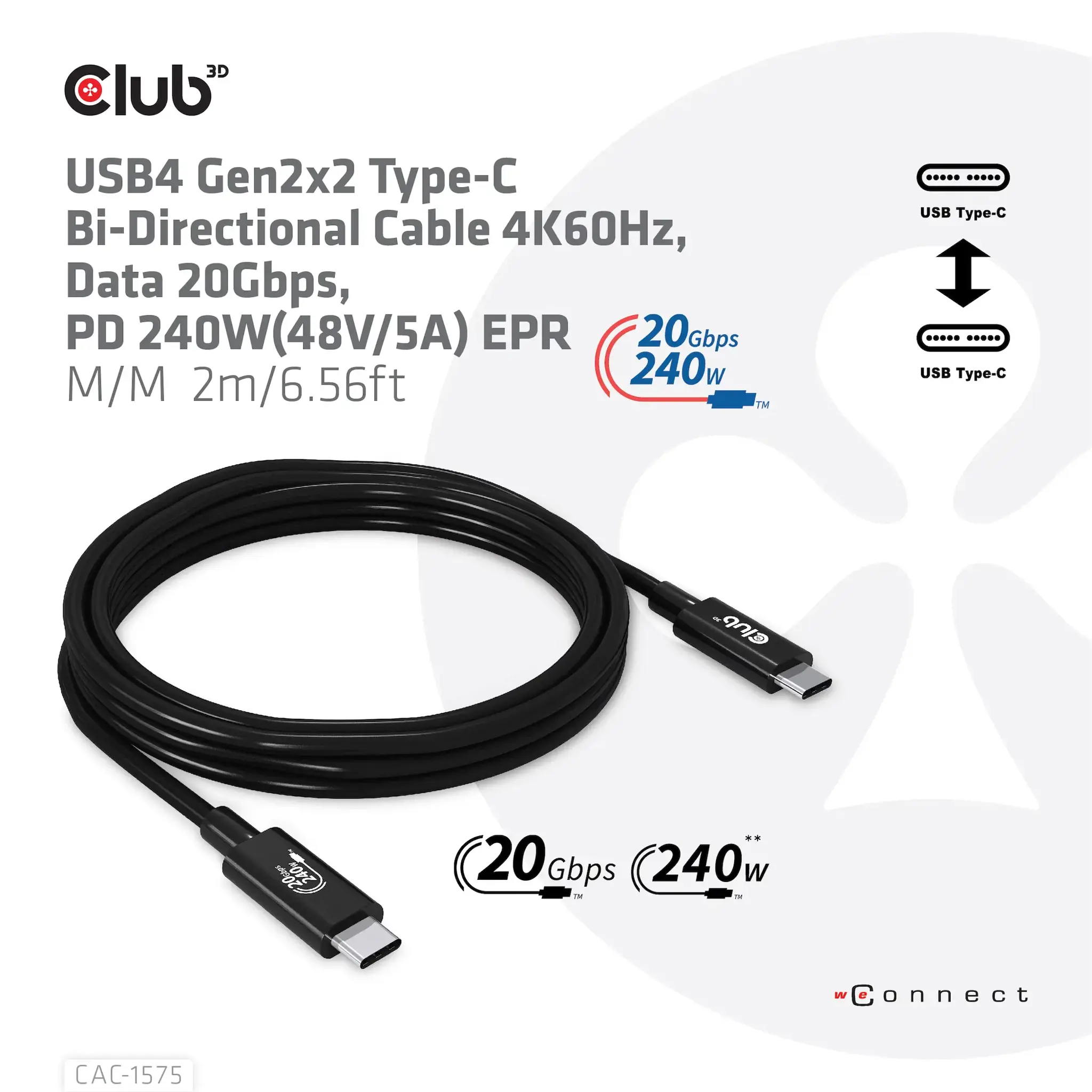 CLUB3D USB4 Gen2x2 Type-C Bi-Directional Cable 4K60Hz, Data 20Gbps, PD 240W(48V/5A) EPR M/M 2m, 2 m, USB C, USB C, USB4 Gen 2x2, 20000 Mbit/s, Black