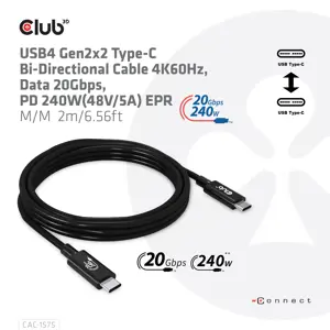 CLUB3D USB4 Gen2x2 Type-C Bi-Directional Cable 4K60Hz, Data 20Gbps, PD 240W(48V/5A) EPR M/M 2m, 2 m, USB C, USB C, USB4 Gen 2x2, 20000 Mbit/s, Black