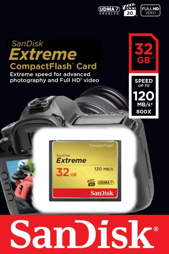 SanDisk Extreme CF 120MB/s, 85MB/s write, UDMA7, 32GB; EAN: 619659123680