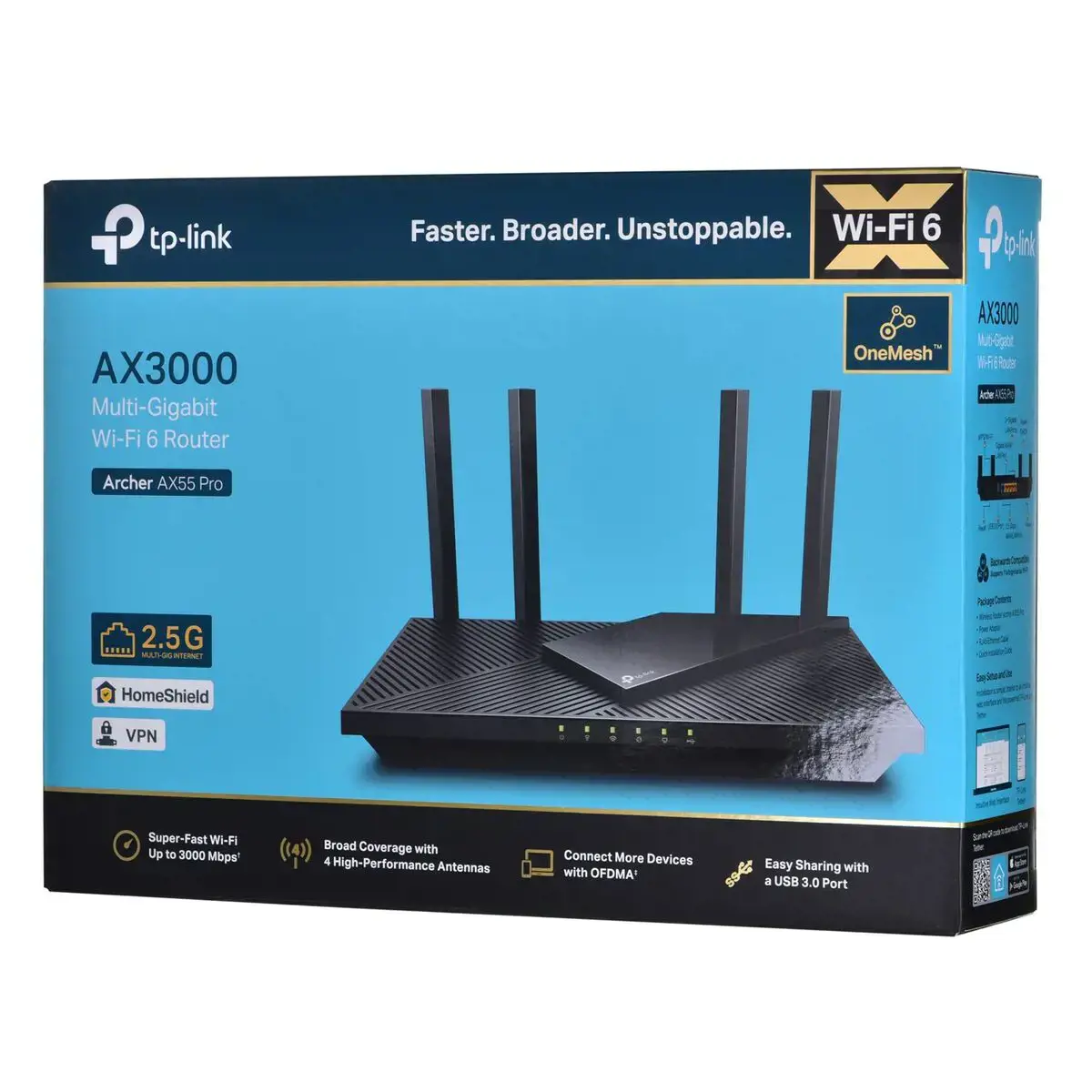 TP-Link Archer AX3000 Multi-Gigabit Wi-Fi 6 maršrutizatorius su 2,5G prievadu, "Wi-Fi 6" (802.11ax), dviejų dažnių (2,4 GHz / 5 GHz), Ethernet LAN, juodas, stalinis/polinis maršrutizatorius