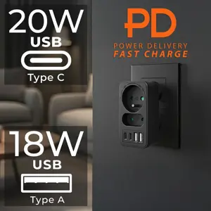 Maclean current socket x2 + 4xUSB, splitter with 2 sockets, 2xUSB A, 2xUSB C PD 20W, 1x16A + 1x6A, …