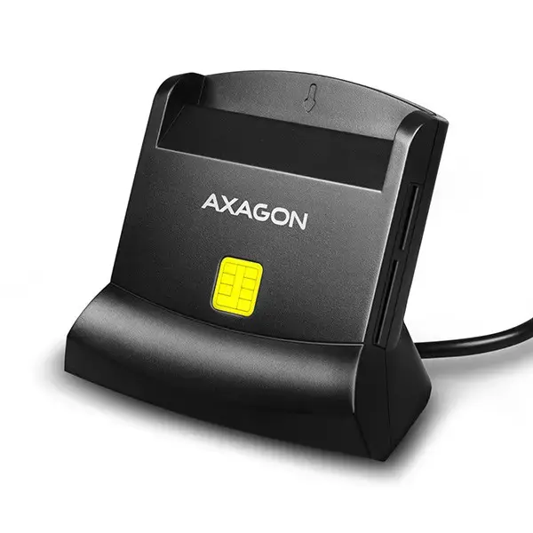 "Axagon" stacionarus stendinis skaitytuvas Išmaniųjų kortelių / tapatybės kortelių skaitytuvas AXAGON CRE-SM2 su USB 2.0 sąsaja turi SD, microSD ir SIM kortelių lizdus.