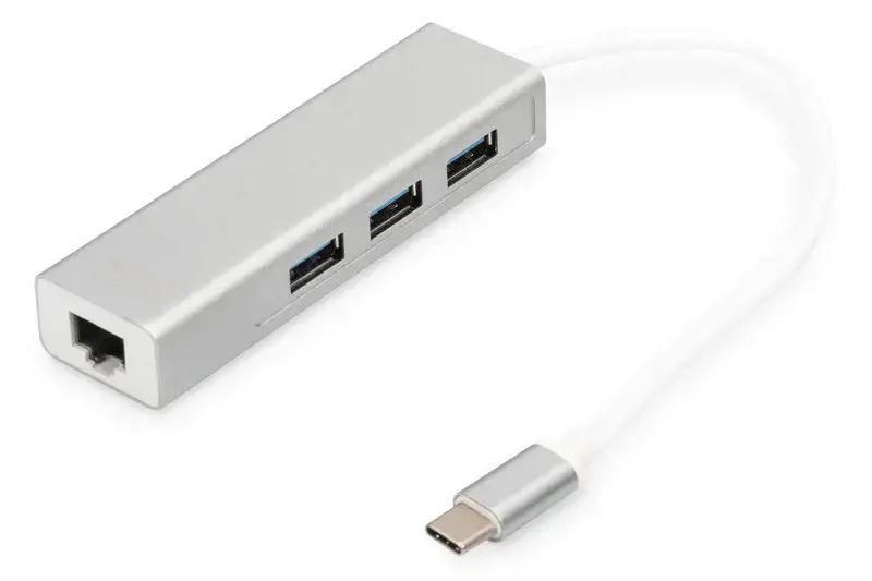 DIGITUS 3 prievadų USB 3.0 C tipo šakotuvas su Gigabit Ethernet 3xUSB A/F 1xUSB C/M 1xRJ45 LAN Palaiko Windows ir Mac OS