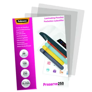 "Fellowes" A4 blizgus 250 mikronų laminavimo maišelis - 100 pakuočių, permatomas, blizgus, A4, 0,25 mm, 210 mm, 1 mm