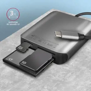 Aliuminio greitaeigis USB-C 3.2 Gen 1 atminties kortelių skaitytuvas. 3 lizdai, UHS-II.