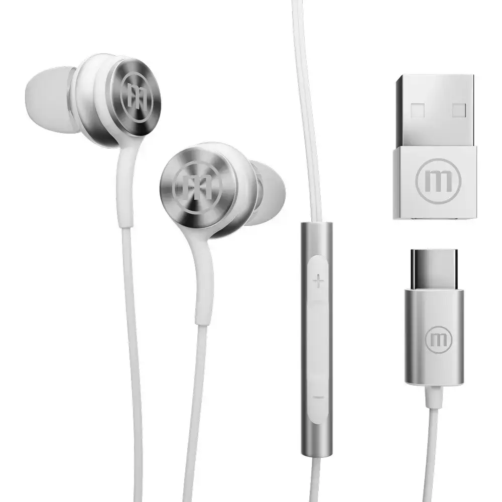 "Maxell XC1" USB-C laidinės ausinės su USB-A adapteriu, baltos spalvos