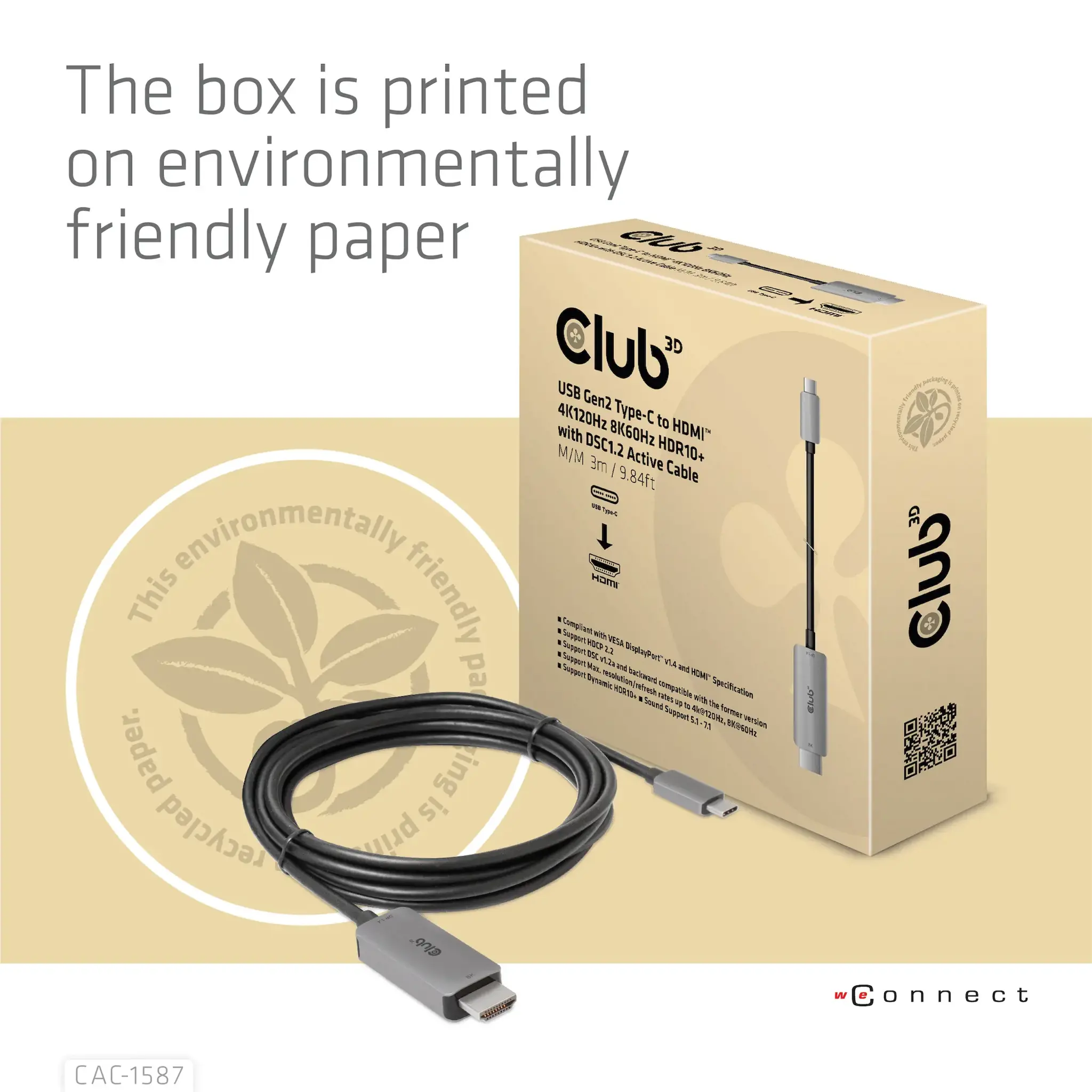 CLUB3D USB Gen2 Type-C to HDMI 4K120Hz 8K60Hz HDR10 with DSC1.2 Active Cable M/M 3m / 9.84ft, USB Gen2 Type-C, HDMI Type A (Standard), 3 m, Black