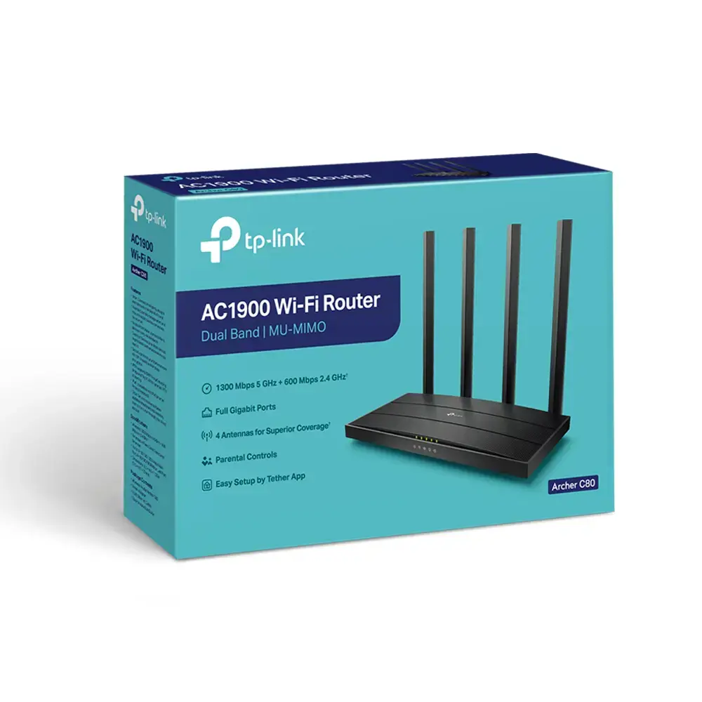 TP-Link AC1900 belaidis MU-MIMO "Wi-Fi" maršrutizatorius, "Wi-Fi 5" (802.11ac), dviejų dažnių (2,4 GHz / 5 GHz), Ethernet LAN, juodas, stalinis maršrutizatorius