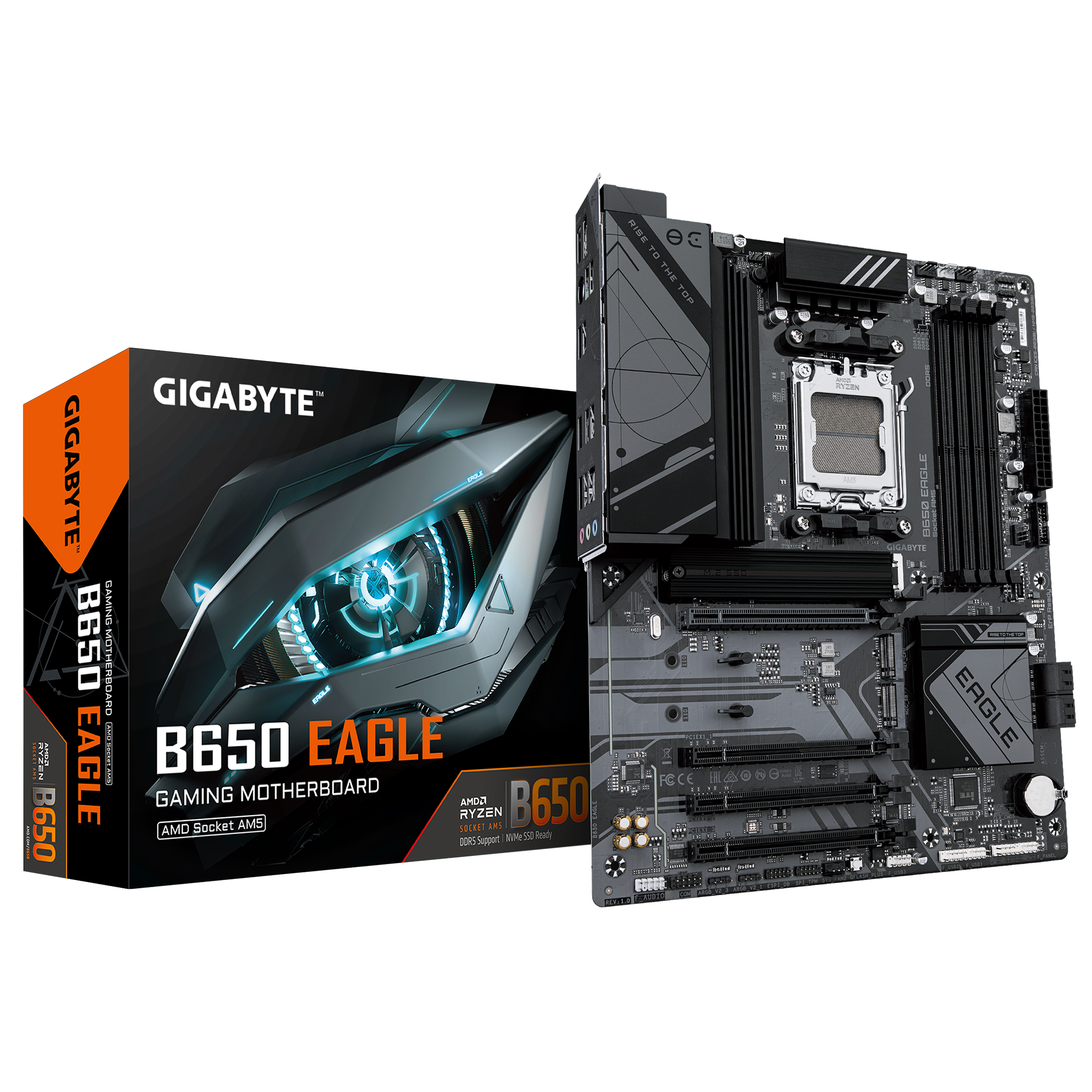 GIGABYTE B650 EAGLE Motherboard - Supports AMD Ryzen 9000 CPUs, 12+2+2 Phases Digital VRM, up to 7600MHz DDR5 (OC), 1xPCIe 5.0 + 2xPCIe 4.0 M.2, GbE LAN, USB 3.2 Gen2, AMD, Socket AM5, AMD Ryzen™ 5, AMD Ryzen 7 7th Gen, AMD Ryzen 9 7th Gen, Socket AM5, 192 GB, DDR5-SDRAM