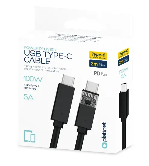 Platinet PUCC5A2B, 2 m, USB C, USB C, USB 2.0, juoda