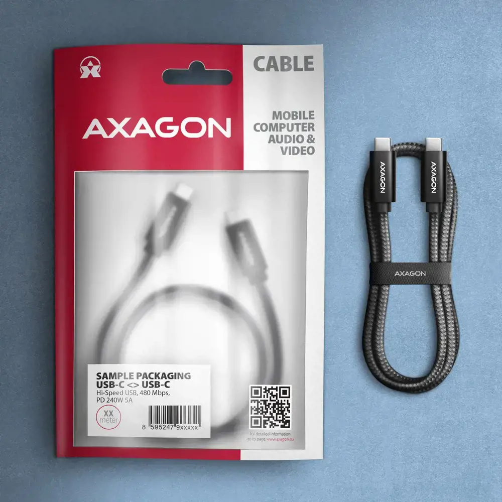 Axagon Data and charging USB 480Mbps cable length 2.5 m. PD 240W, 5A. Black braided.