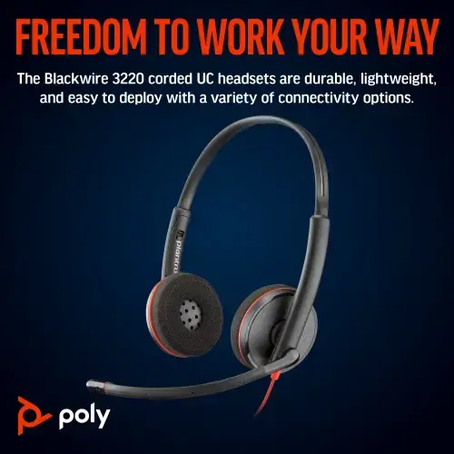 POLY Blackwire 3220 Stereo USB-C Headset +USB-C/A Adapter, Wired, Business/Everyday, 119 g, Headset, Black