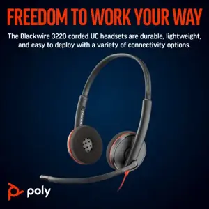 POLY Blackwire 3220 Stereo USB-C Headset +USB-C/A Adapter, Wired, Business/Everyday, 119 g, Headset, Black