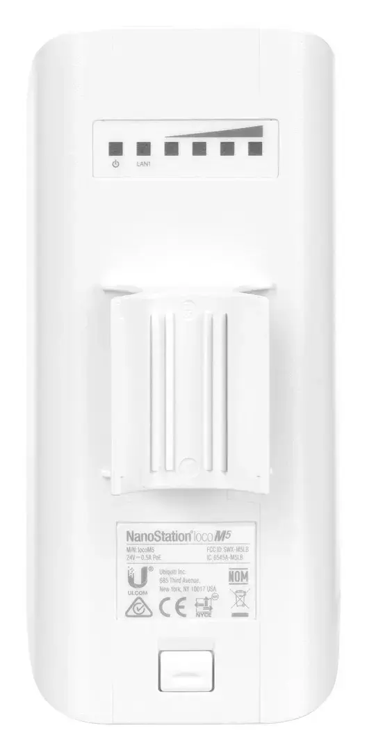 "Ubiquiti NanoStation LocoM5", 5 GHz, 150+ Mbps, veikimo spindulys 10+ km, 13 dBi, tvirtinimo ant stulpo rinkinys, maitinimo būdas - pasyvus maitinimas per Ethernet, airMAX, ES