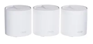 "TP-Link AX3000 Whole Home Mesh WiFi 6" sistema, balta, vidinė, CE: (2,4 GHz) <20 dBm (2,4 GHz) <23 dBm (5 GHz) FCC: <30 dBm (2,4 GHz) <30 dBm (5 GHz), 0-40 °C, -40-70 °C, 10-90 %.
