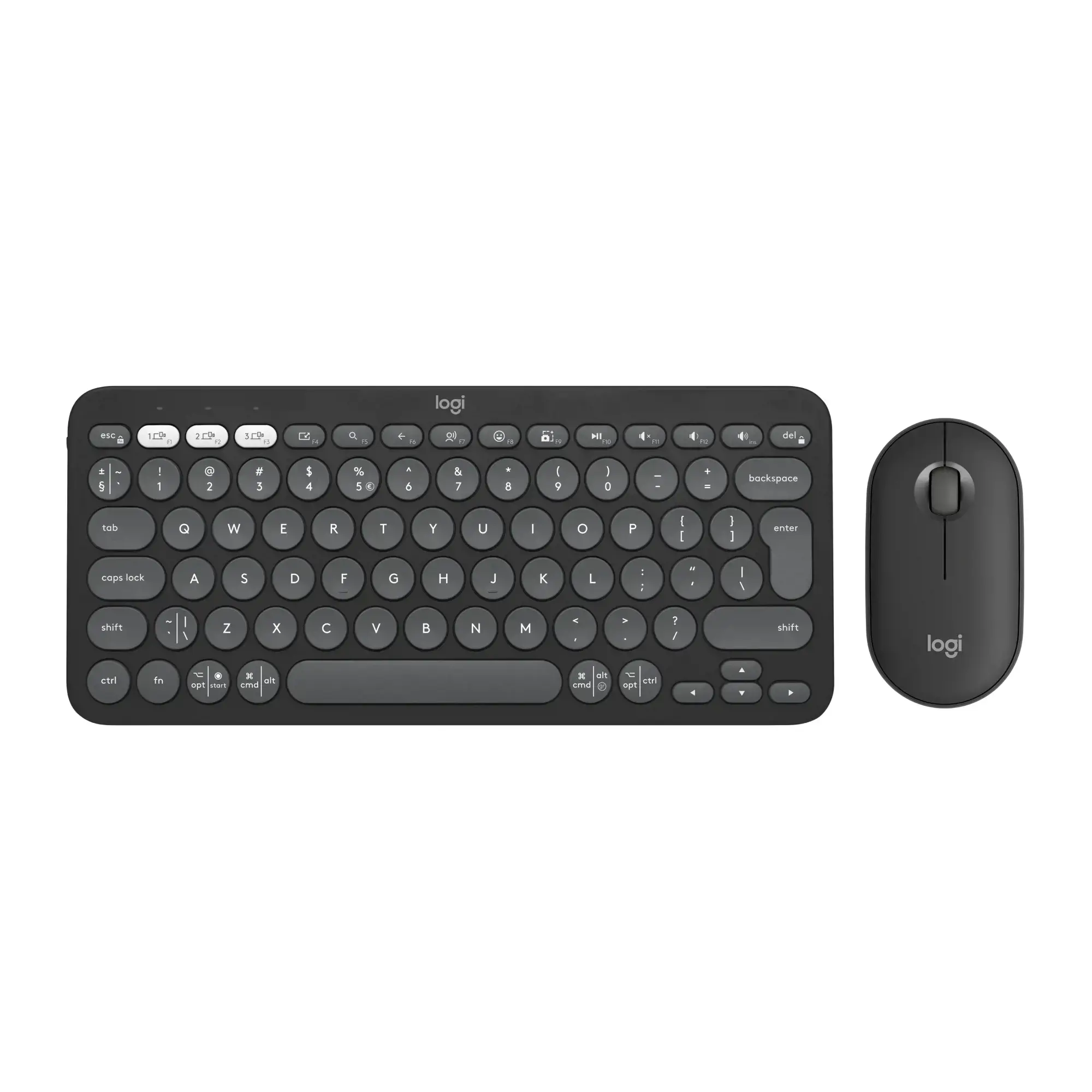 Logitech Pebble 2 Combo, Wireless, RF Wireless + Bluetooth, Scissor key switch, QWERTY, Graphite, Mouse included