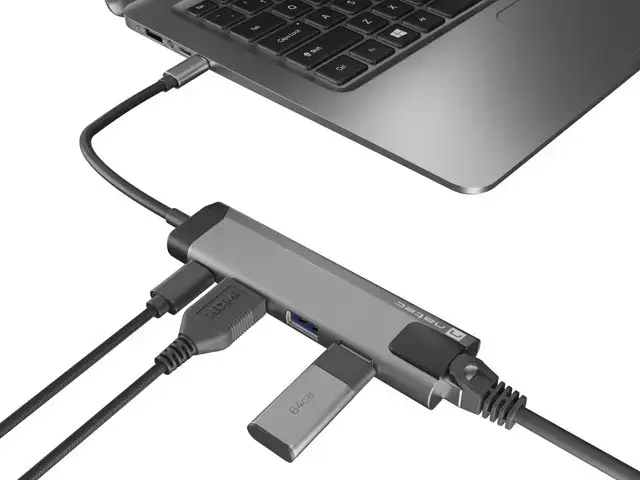 "NATEC Multiport Fowler Go USB-C -> šakotuvas USB 3.0 x2 HDMI 4K USB-C PD RJ45